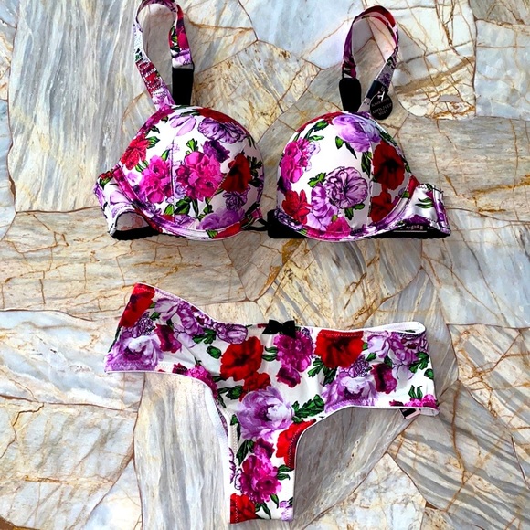 2 Piece Set Victoria’s Secret Bombshell Satin Floral Shine Logo Strap 32B XS